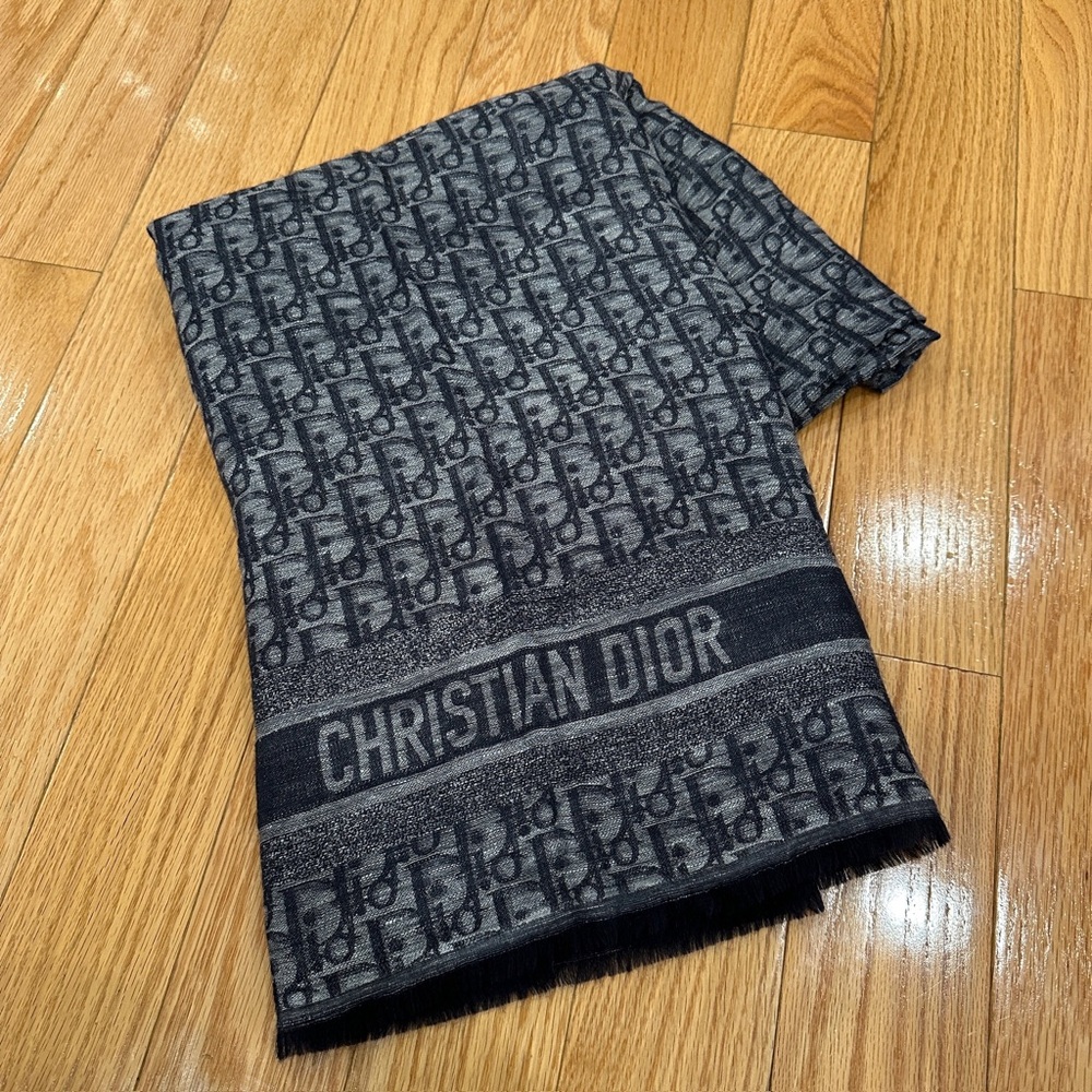 Dior Oblique Shawl/scarf Navy Blue Wool Silk